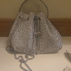 Silver Crystal Embellished Bucket Bag